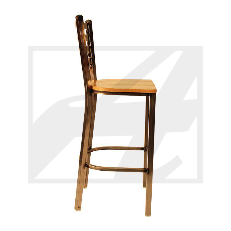 A wooden bar stool with a cushioned seat and backrest.