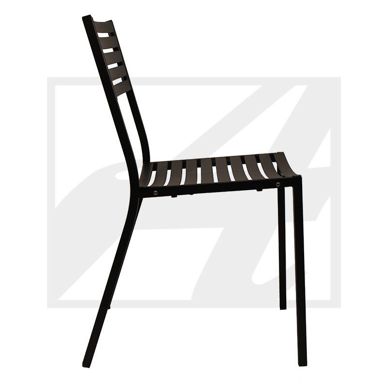 Simple black metal chair with a slatted seat and backrest.
