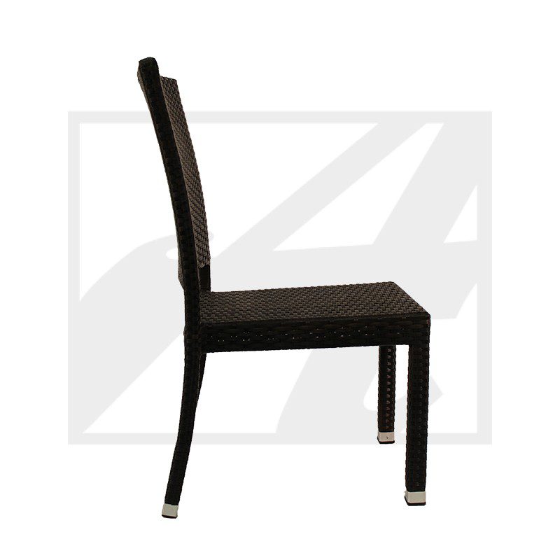 Side view of a modern black dining chair with a high backrest.