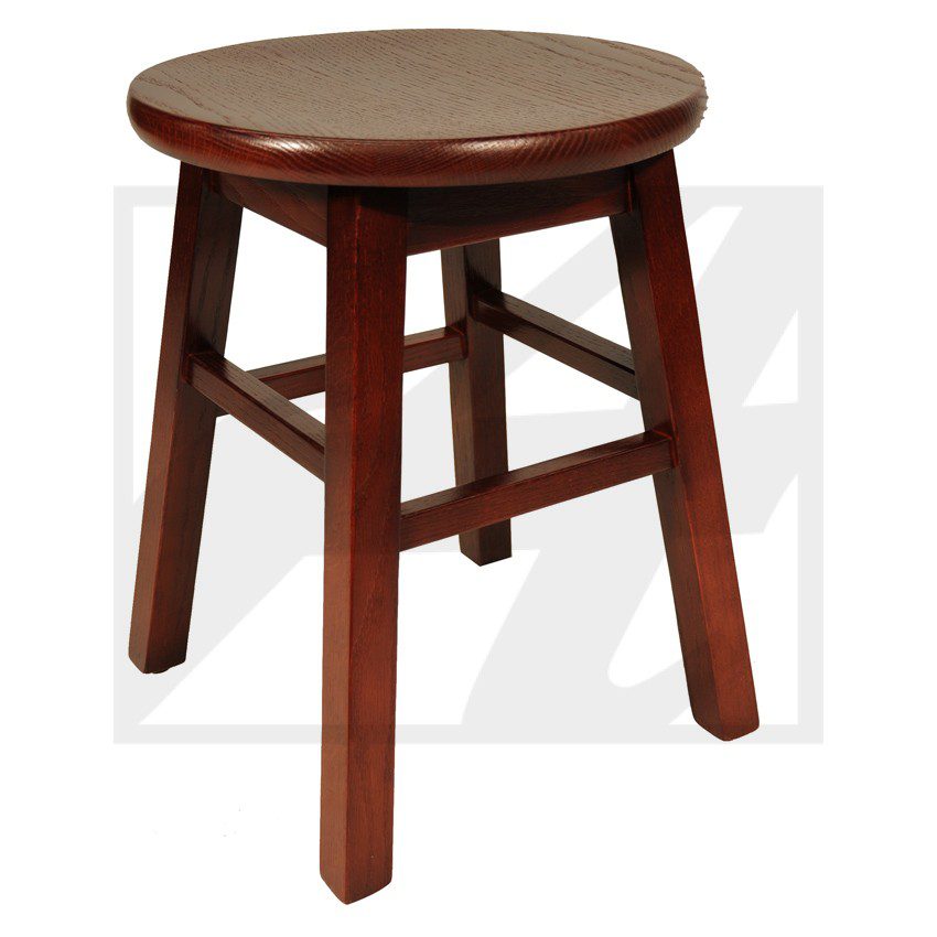 A wooden stool with a round seat and sturdy legs.