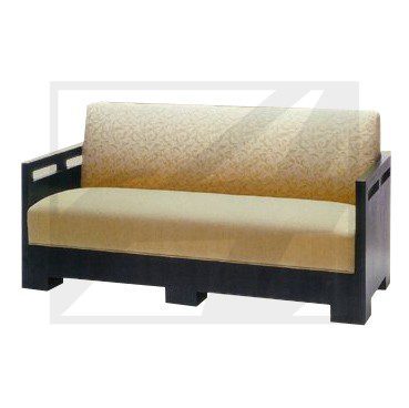 Modern wooden sofa with tan cushions and black frame.