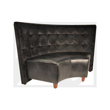 Curved black leather tufted booth seating with high back.