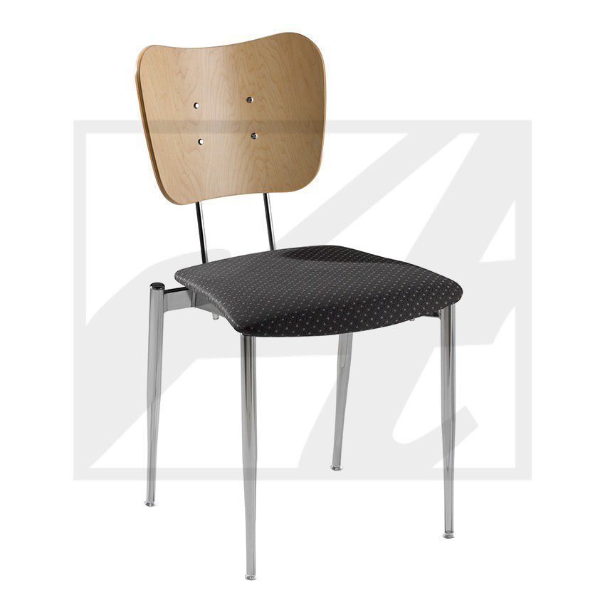 Modern chair with a wooden backrest and cushioned black seat.