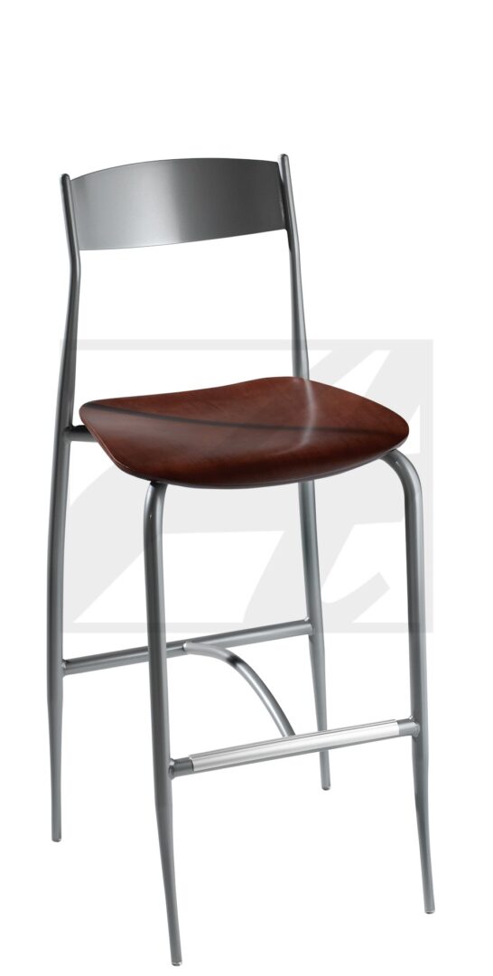 Modern chair with a wooden seat and metal frame.