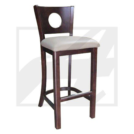 Wooden bar stool with cushioned seat and backrest hole design.