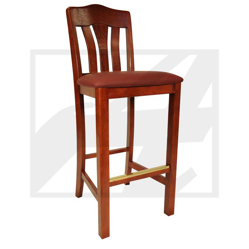 Wooden bar stool with a cushioned seat and backrest.