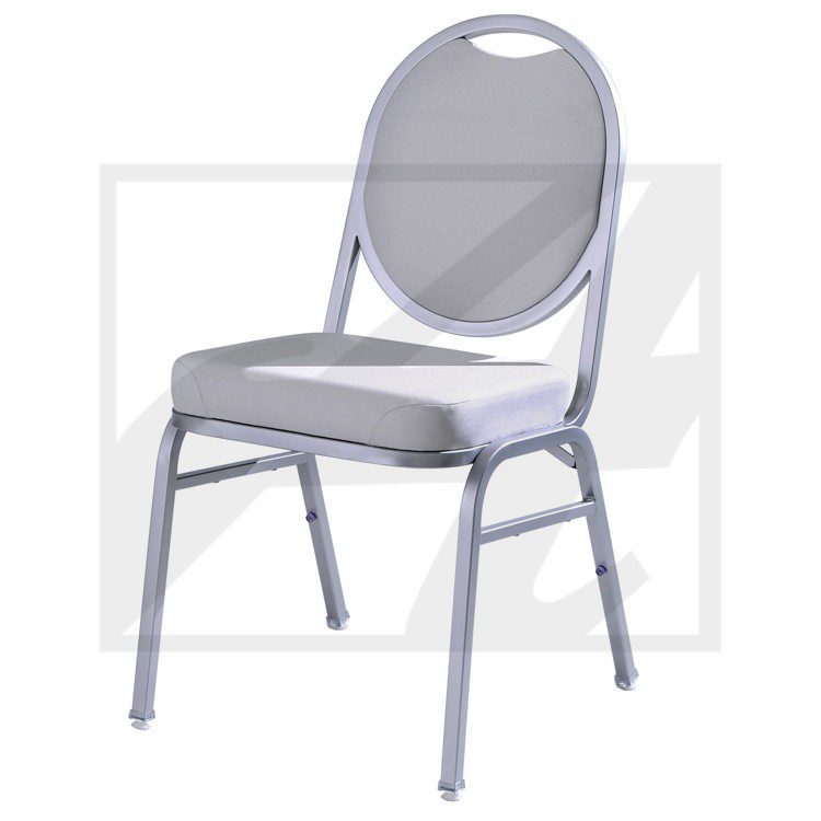 A sleek silver metal chair with a padded seat and backrest.