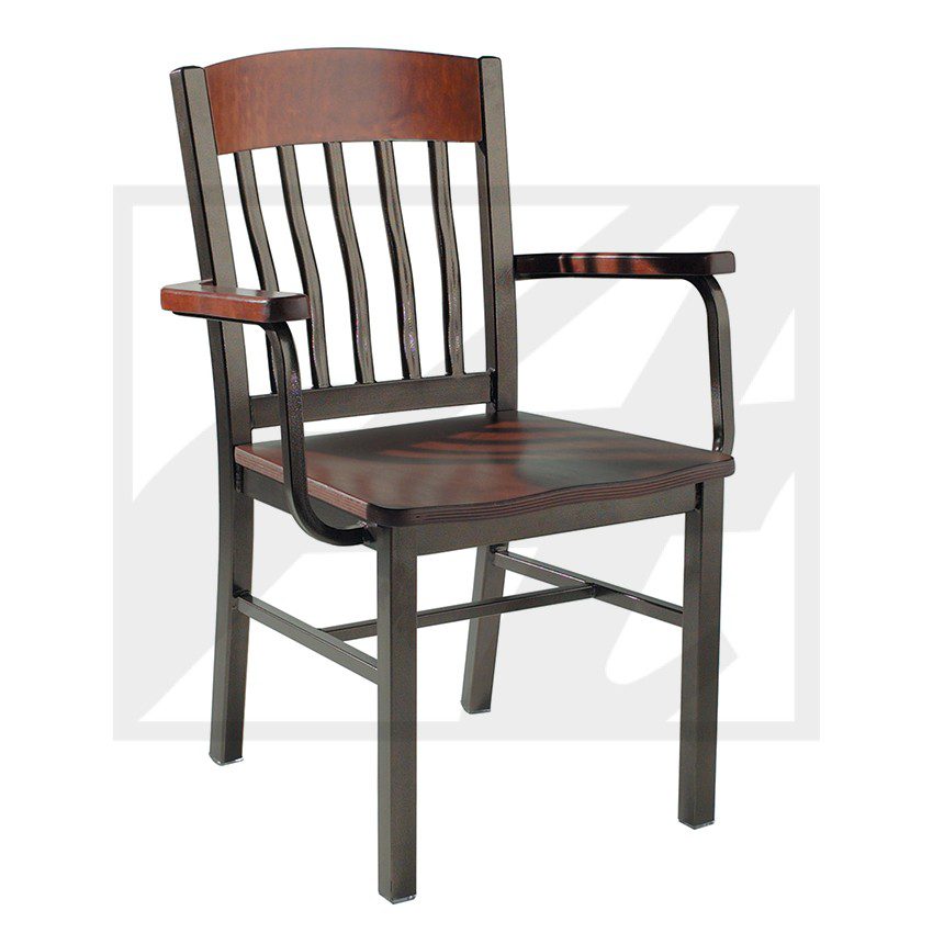 Classic wooden armchair with vertical slats and a dark finish.
