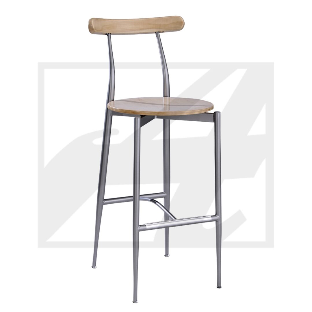 Modern bar stool with wooden seat and backrest, metal legs.