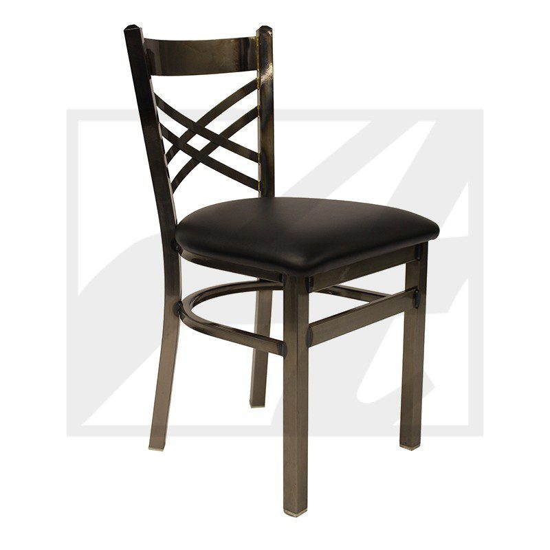 Wooden chair with a black cushioned seat and cross-back design.