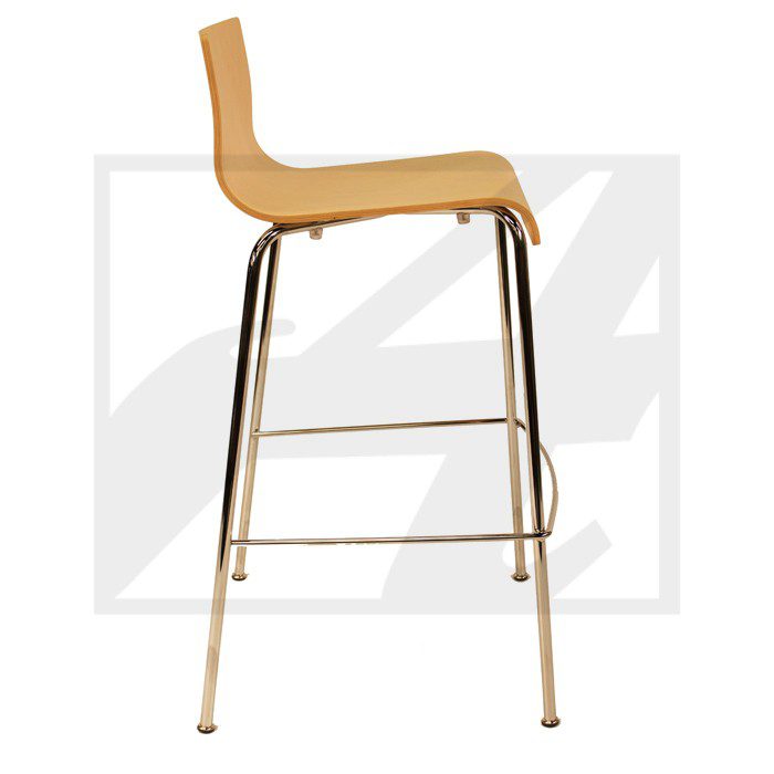Modern wooden bar stool with metal legs and footrest.