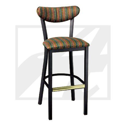 Tall bar stool with patterned cushioned seat and backrest.