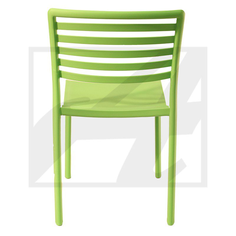 Green plastic chair with horizontal slats on the backrest.