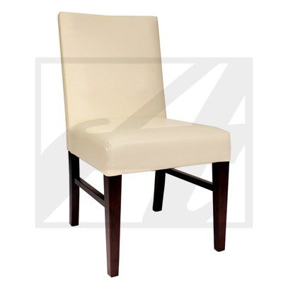 Beige upholstered dining chair with dark wooden legs.