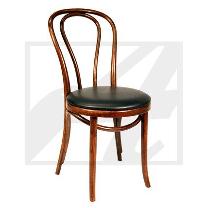 Classic wooden chair with curved backrest and black cushioned seat.