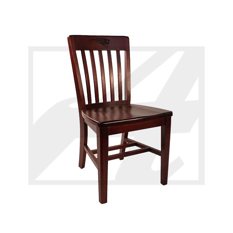 Wooden dining chair with vertical slats and a polished finish.