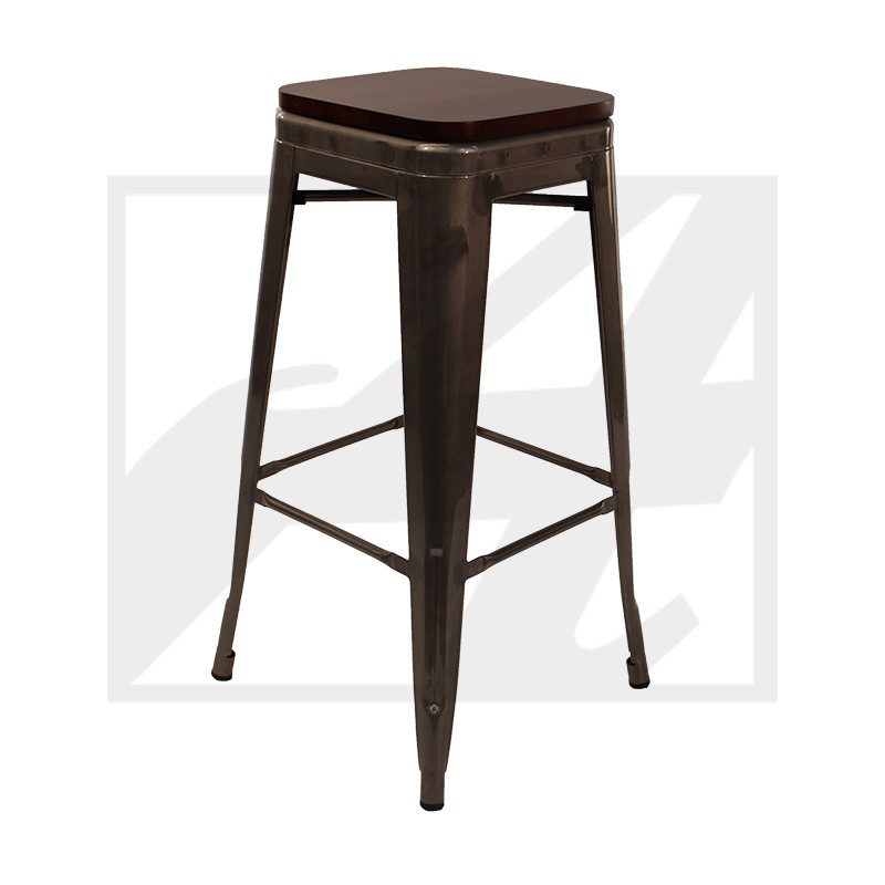 Industrial metal bar stool with a square wooden seat and footrest.
