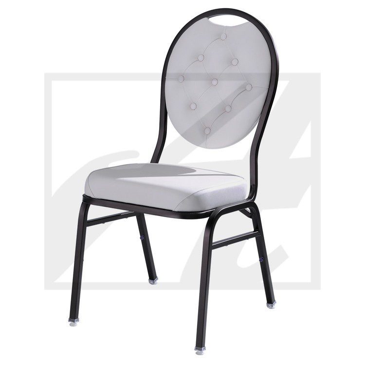 A simple chair with a white cushioned seat and backrest.