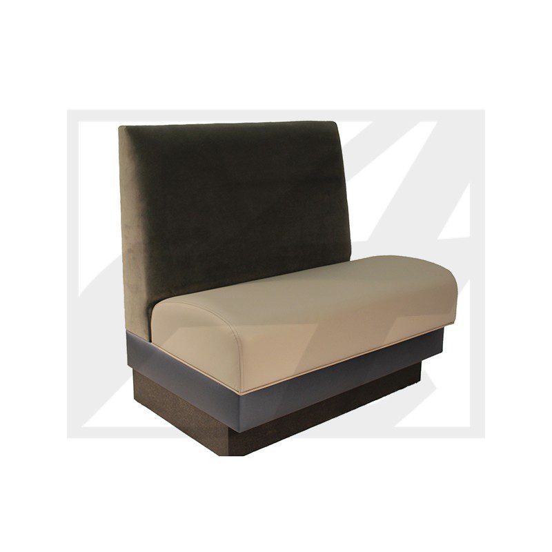 Modern two-tone restaurant booth seat with cushioned backrest and base.