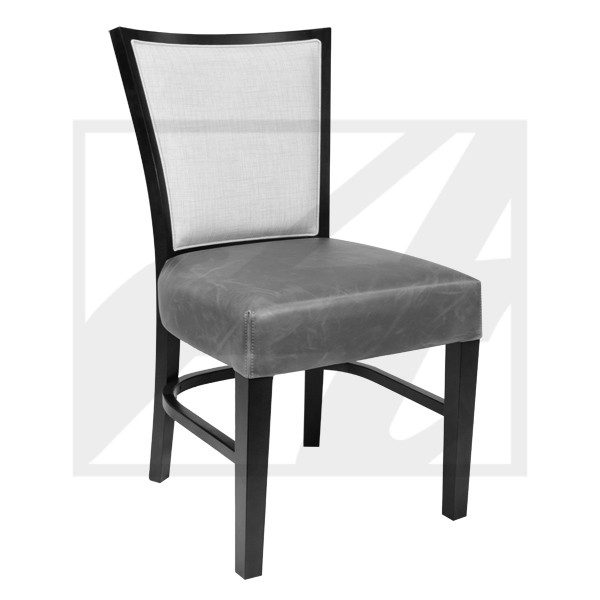 Modern dining chair with mesh back and cushioned seat.