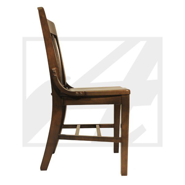 Side view of a classic wooden chair with a cushioned seat and backrest.