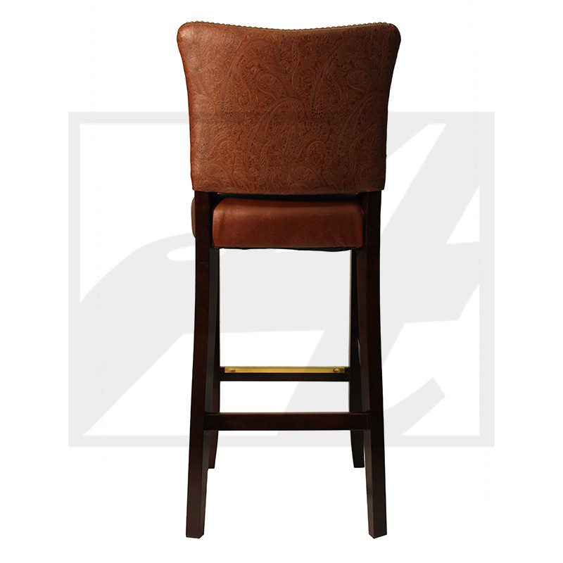 Brown upholstered bar stool with wooden legs and footrest.