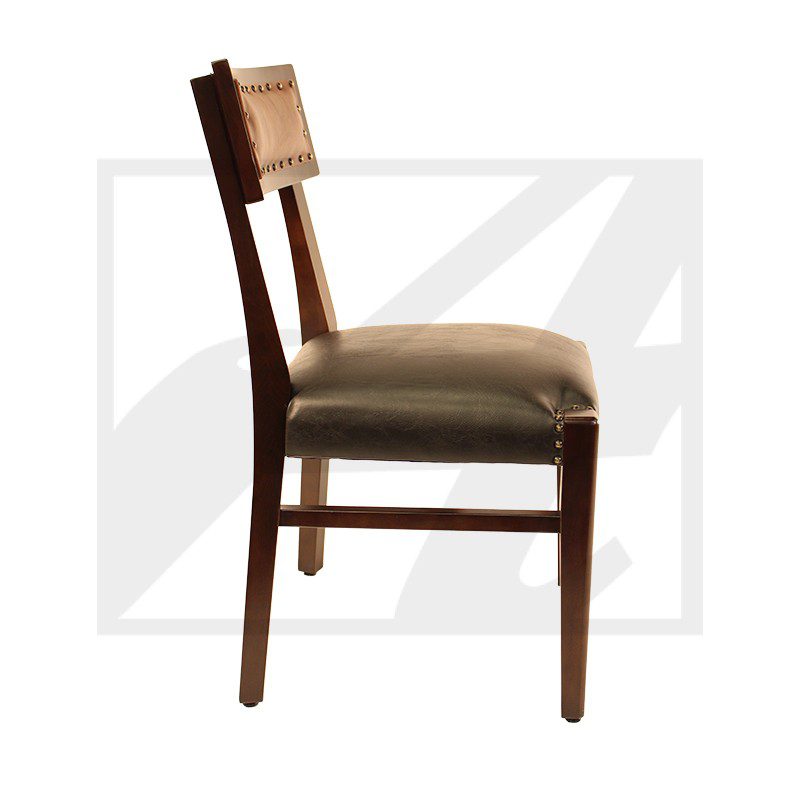 Side view of a wooden chair with cushioned seat.