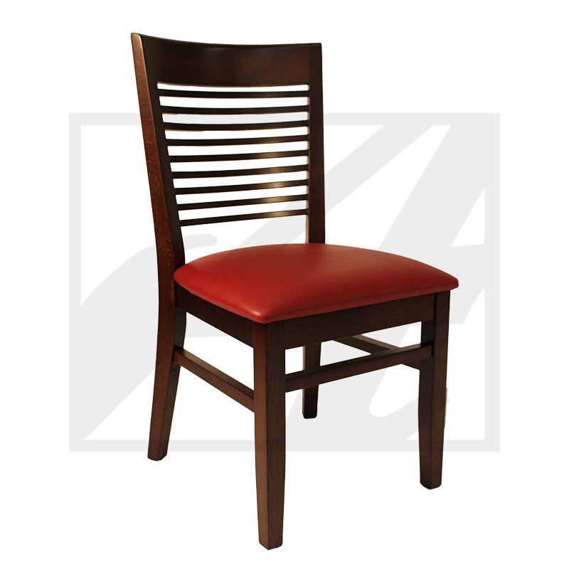 Wooden chair with red cushioned seat and slatted backrest.