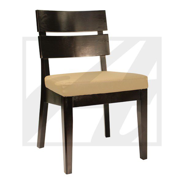 Wooden chair with dark frame and beige cushioned seat.