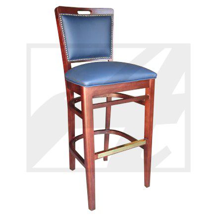 Wooden bar stool with blue cushioned seat and backrest.