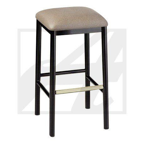 A modern bar stool with a cushioned beige seat and dark wooden legs.