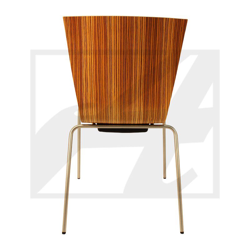 Modern wooden chair with metal legs, viewed from the back.