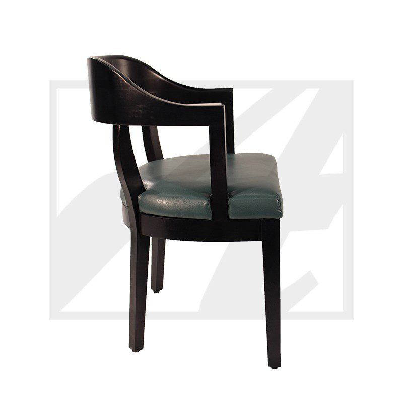 Modern dark wooden chair with a cushioned seat and armrests.