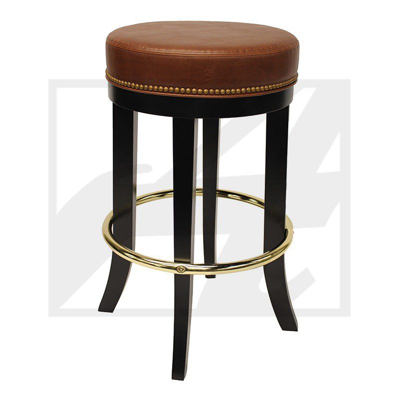 Round bar stool with brown leather seat and black legs.