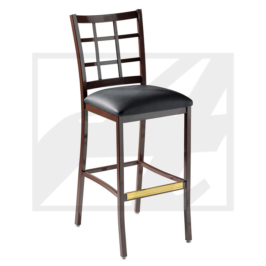 Elegant wooden bar stool with a cushioned black seat and grid backrest.
