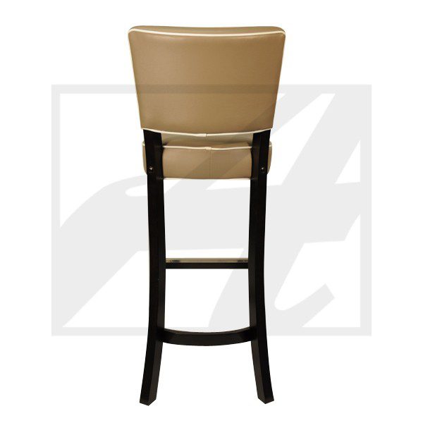 Tall bar stool with beige cushioned seat and backrest, black legs.