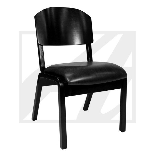 Sleek black chair with cushioned seat and curved backrest.