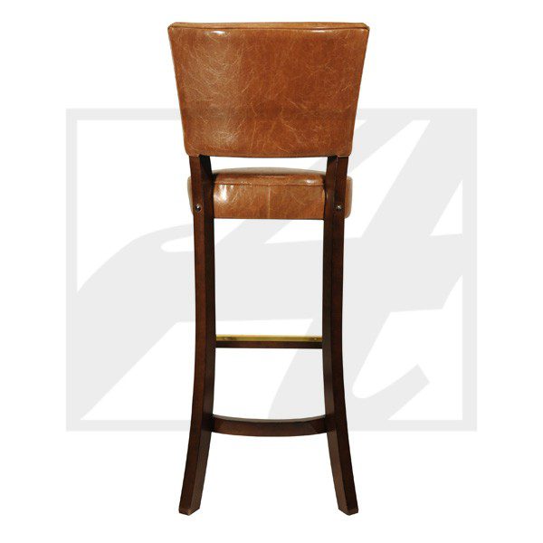Classic wooden bar stool with a leather seat and backrest.