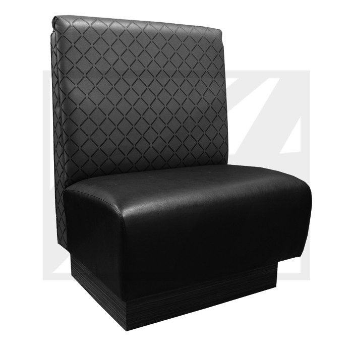 Black leather restaurant booth seat with patterned backrest.