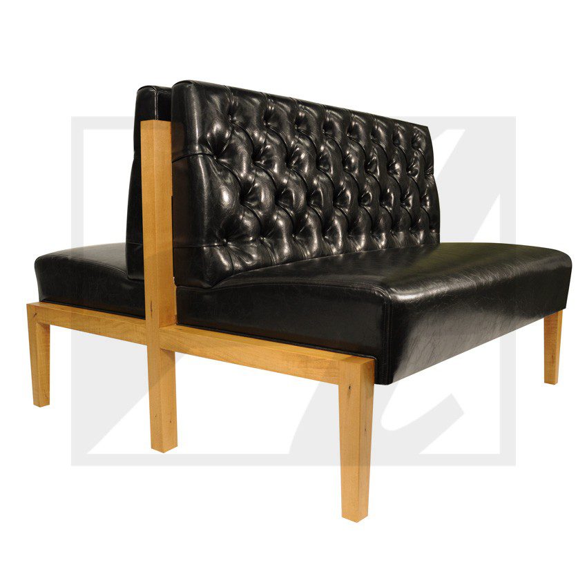 Modern black leather loveseat with wooden frame and tufted backrest.