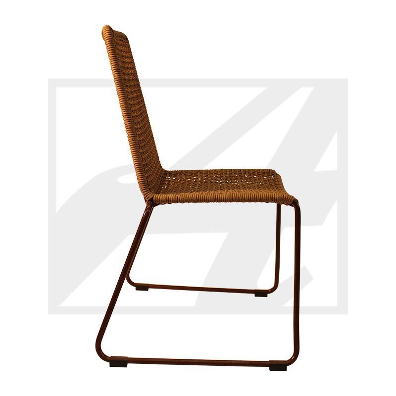 Modern brown wicker chair with metal frame and sled base.