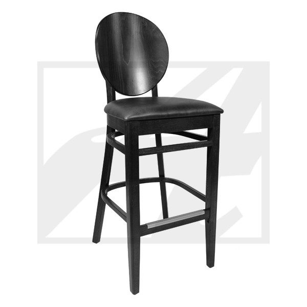 Black wooden bar stool with a curved backrest and footrest.