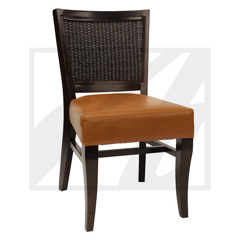 Wooden chair with woven back and leather seat.