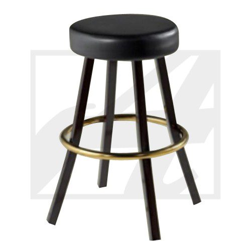 Black wooden bar stool with a round seat and brass footrest ring.
