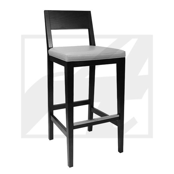Modern wooden bar stool with a cushioned seat and backrest.