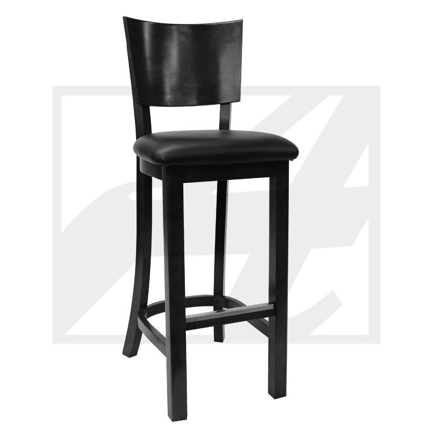 Black wooden bar stool with a cushioned seat and backrest.