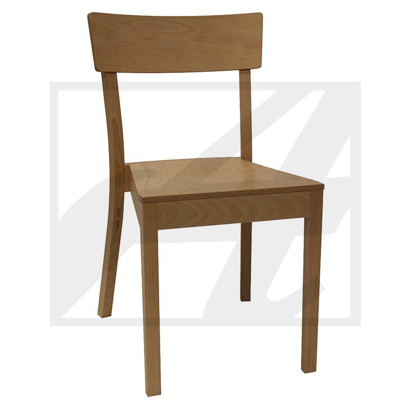 Simple wooden chair with a solid backrest and square seat.