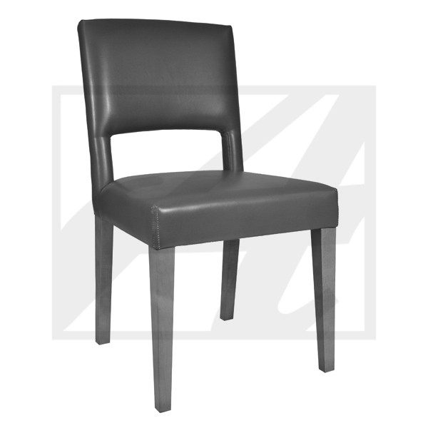 A modern black leather dining chair with wooden legs.