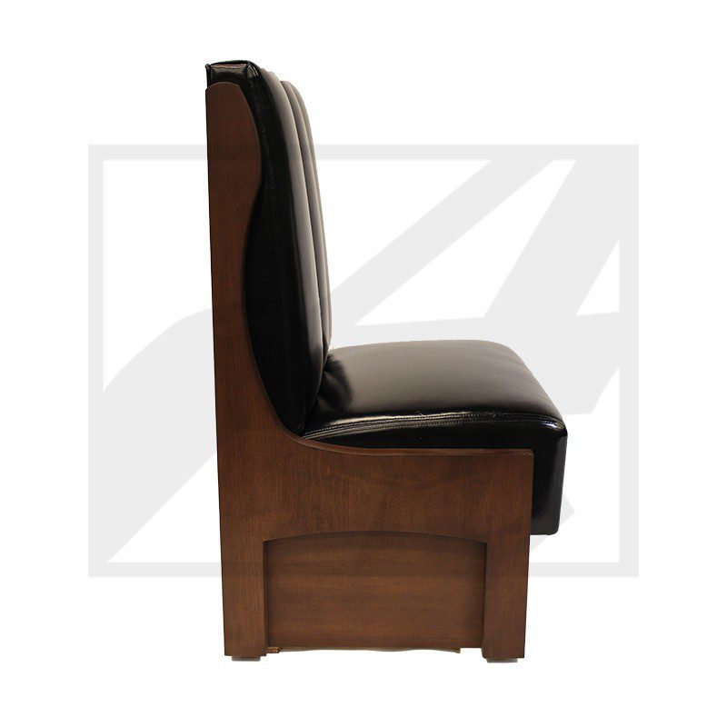 Wooden booth seat with black cushioned back and seat.