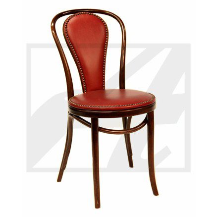 Classic wooden chair with red cushioned seat and backrest.